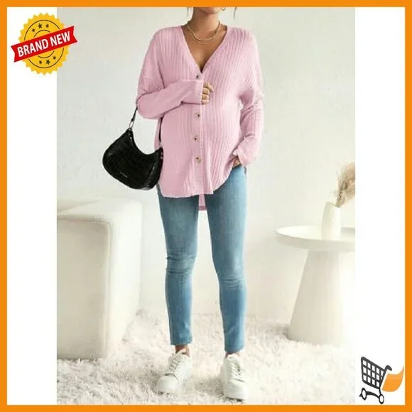 Maternity Long Sleeve Ribbed Knit Button Down Shirt Drop Shoulder V Neck - Picture 4 of 6